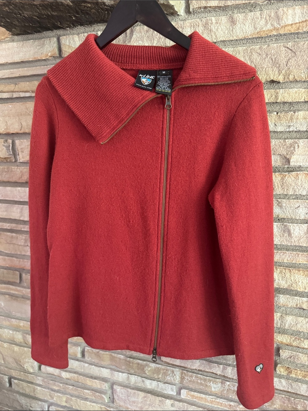 Kuhl Brick Red Zip-Front Women's Sweater with Wide Fold Collar